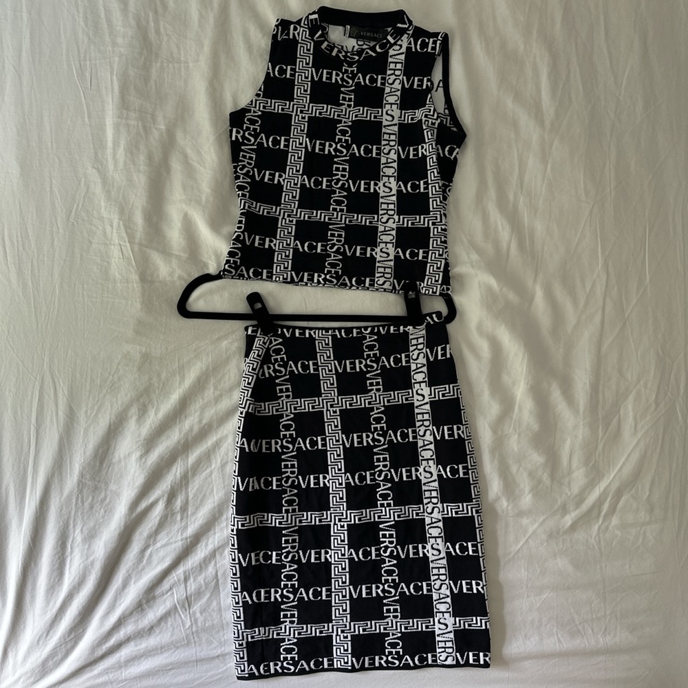 Versace Black and White Logo Top and Skirt Set